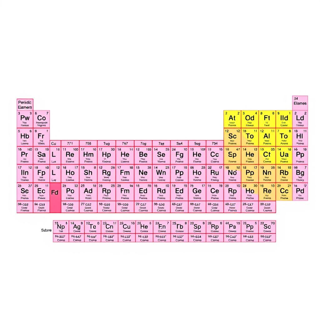 A detailed and colorful periodic table of chemical elements with a pink color scheme