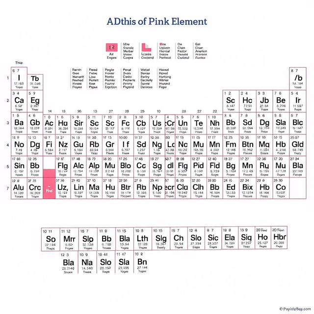 A detailed and colorful periodic table of chemical elements with a pink color scheme