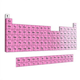 A detailed and colorful periodic table of chemical elements with a pink color scheme