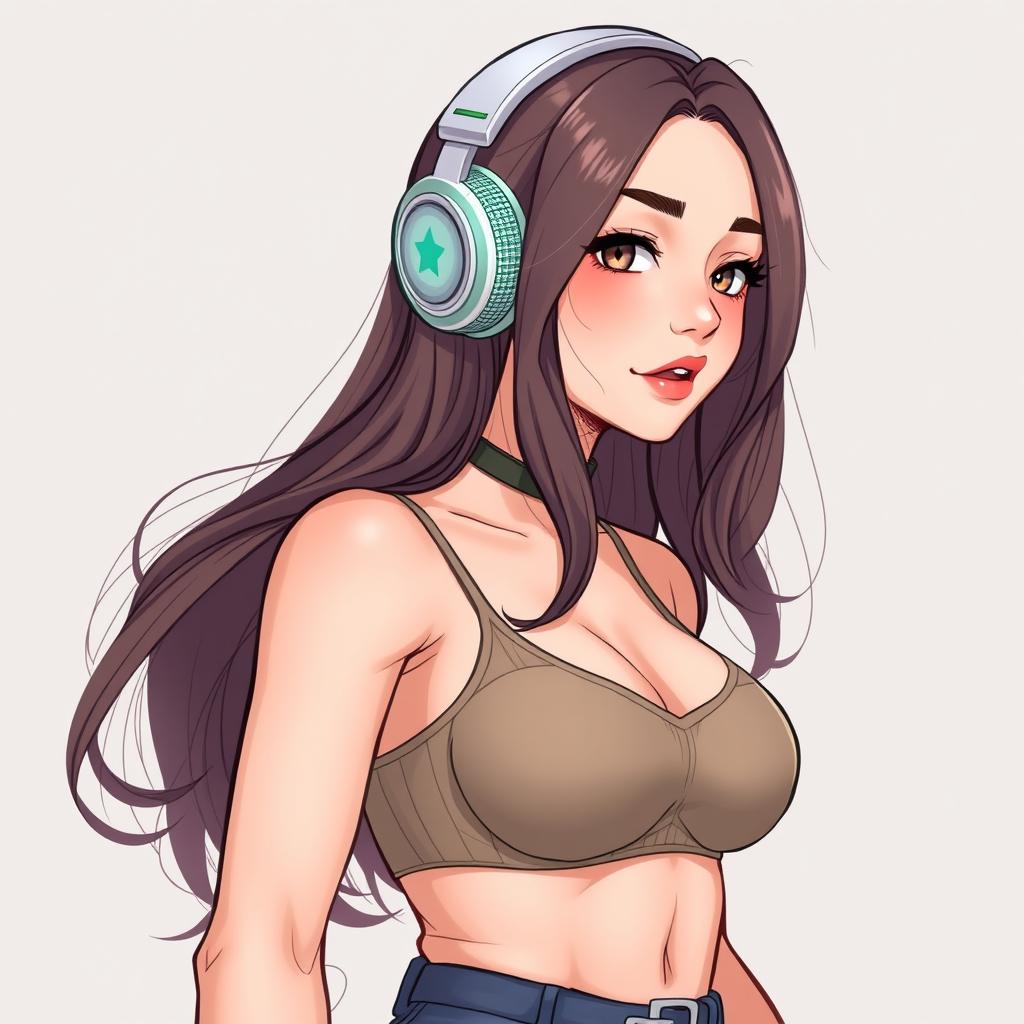 A detailed illustration of the popular streamer Pokimane wearing form-fitting clothes