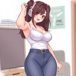 A detailed illustration of the popular streamer Pokimane wearing form-fitting clothes