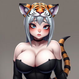 A sexy, cute, and flustered girl with tiger ears and a tail, featuring white skin and a voluptuous figure with large breasts