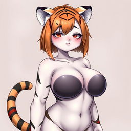 A sexy, cute, and flustered girl with tiger ears and a tail, featuring white skin and a voluptuous figure with large breasts