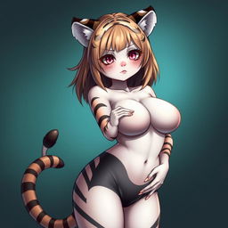 A sexy, cute, and flustered girl with tiger ears and a tail, featuring white skin and a voluptuous figure with large breasts