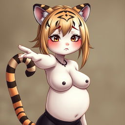 A sexy, cute, and flustered girl with tiger ears and a tail, featuring white skin and a voluptuous figure with large breasts