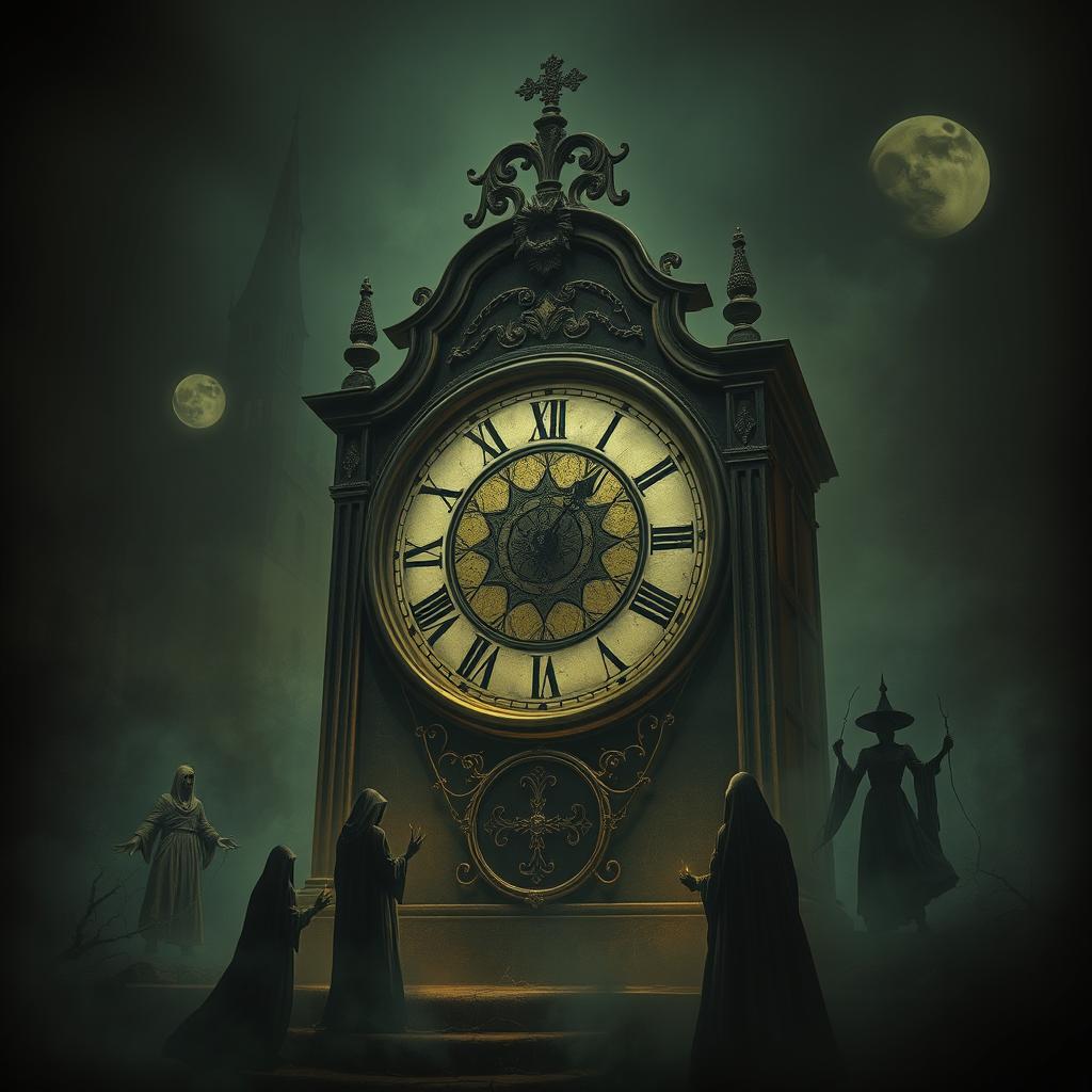 A haunting image of an ancient, cursed clock surrounded by eerie shadows and ghostly figures