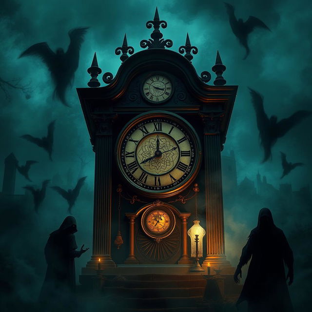 A haunting image of an ancient, cursed clock surrounded by eerie shadows and ghostly figures