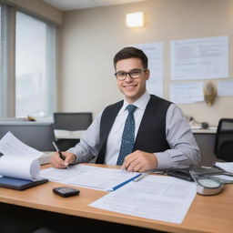 Create an imaginative representation of an accountant's life 5 years in the future. Include elements like modern technology, an upscale office setting, and symbols of success in the field such as diplomas, awards, and important contracts.