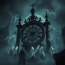 A haunting image of an ancient, cursed clock surrounded by eerie shadows and ghostly figures