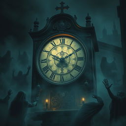 A haunting image of an ancient, cursed clock surrounded by eerie shadows and ghostly figures