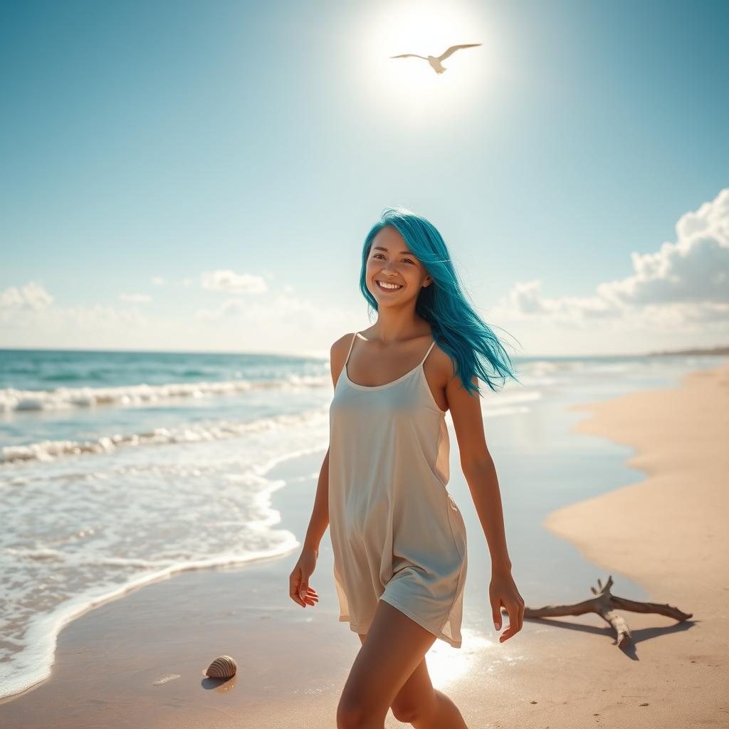 A full shot of a young woman with blue hair walking along a serene beach