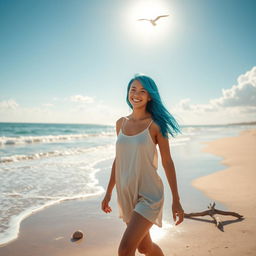 A full shot of a young woman with blue hair walking along a serene beach