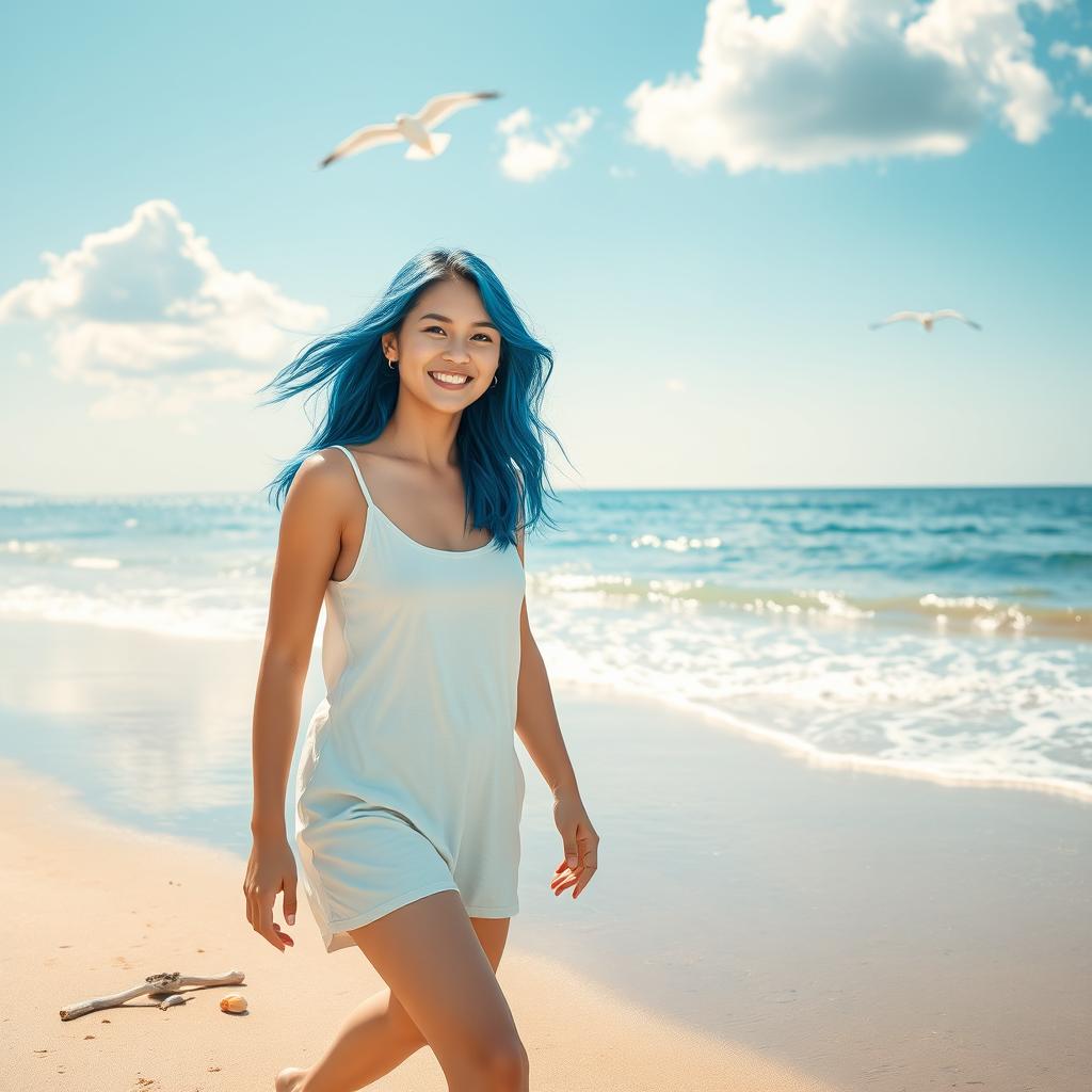 A full shot of a young woman with blue hair walking along a serene beach