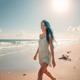 A full shot of a young woman with blue hair walking along a serene beach