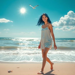 A full shot of a young woman with blue hair walking along a serene beach