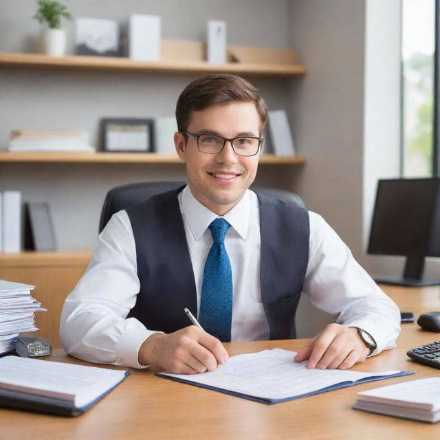 Create an imaginative representation of an accountant's life 5 years in the future. Include elements like modern technology, an upscale office setting, and symbols of success in the field such as diplomas, awards, and important contracts.