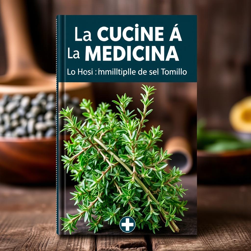 An informative book cover titled 'De la Cocina a la Medicina: Los Múltiples Beneficios del Tomillo'