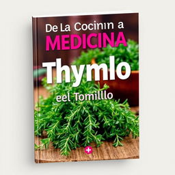 An informative book cover titled 'De la Cocina a la Medicina: Los Múltiples Beneficios del Tomillo'