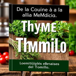 An informative book cover titled 'De la Cocina a la Medicina: Los Múltiples Beneficios del Tomillo'