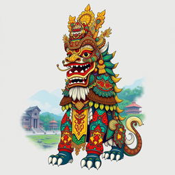 A detailed illustration of a traditional Balinese Barong