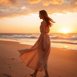 A young woman walking on a sandy beach at sunset, viewed in profile but turned toward the sea