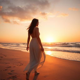 A young woman walking on a sandy beach at sunset, viewed in profile but turned toward the sea