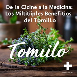 Create a thumbnail titled 'De la Cocina a la Medicina: Los Múltiples Beneficios del Tomillo' in Spanish