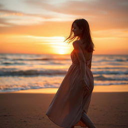 A young woman walking on a sandy beach at sunset, viewed in profile but turned toward the sea