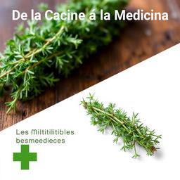 Create a thumbnail titled 'De la Cocina a la Medicina: Los Múltiples Beneficios del Tomillo' in Spanish