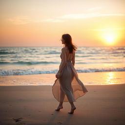 A young woman walking on a sandy beach at sunset, viewed in profile but turned toward the sea