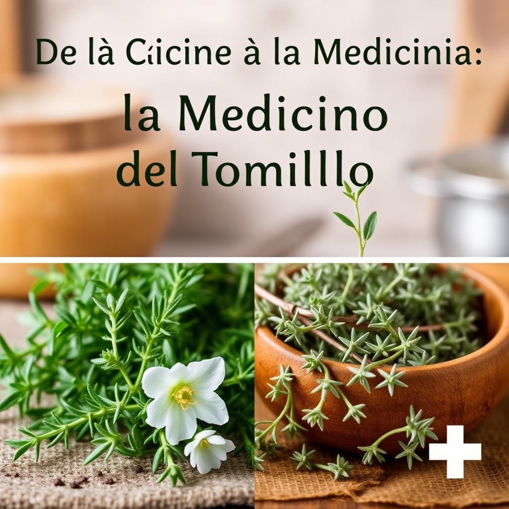 Create a thumbnail titled 'De la Cocina a la Medicina: Los Múltiples Beneficios del Tomillo' in Spanish