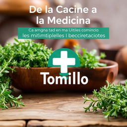 Create a thumbnail titled 'De la Cocina a la Medicina: Los Múltiples Beneficios del Tomillo' in Spanish