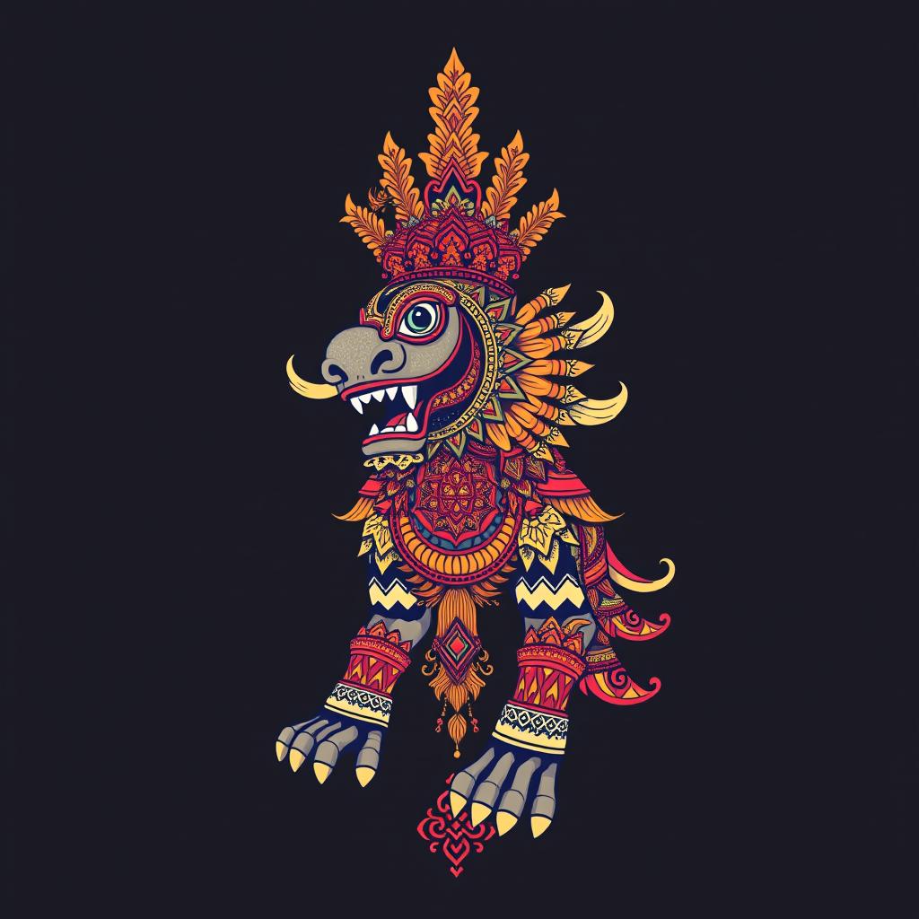 A vibrant and intricate design of a traditional Balinese Barong for a t-shirt