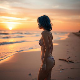 A young woman with blue hair walking on a sandy beach at sunset, viewed in profile but turned toward the sea