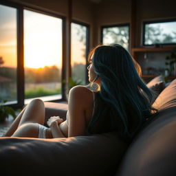 A young woman with blue hair is lying on a couch in an eco-friendly house, viewed in profile as she gazes out at the sunset through large windows