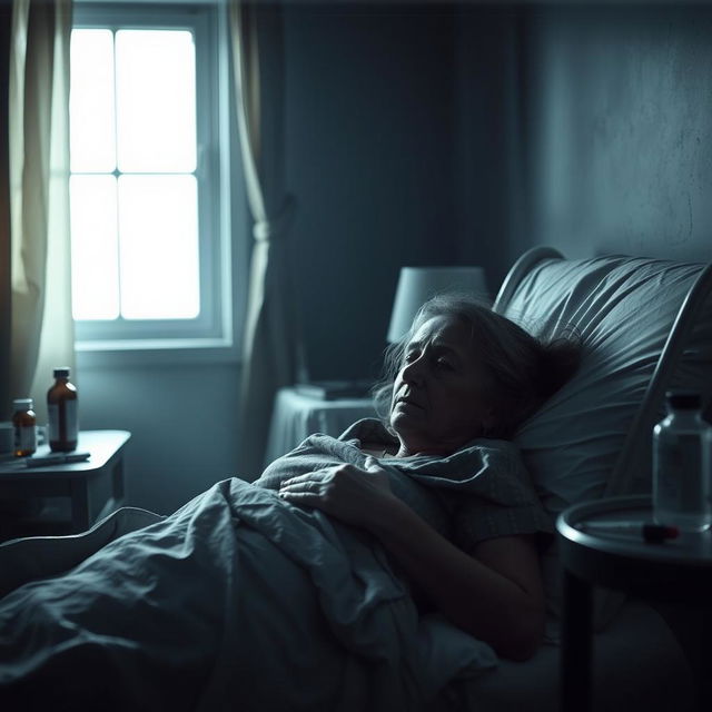 A somber image of a sick woman lying in bed