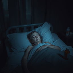 A somber image of a sick woman lying in bed