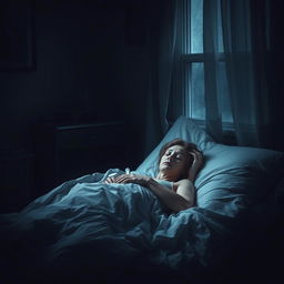 A somber image of a sick woman lying in bed