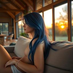 A young woman with blue hair is lying on a couch in an eco-friendly house, viewed in profile as she gazes out at the sunset through large windows