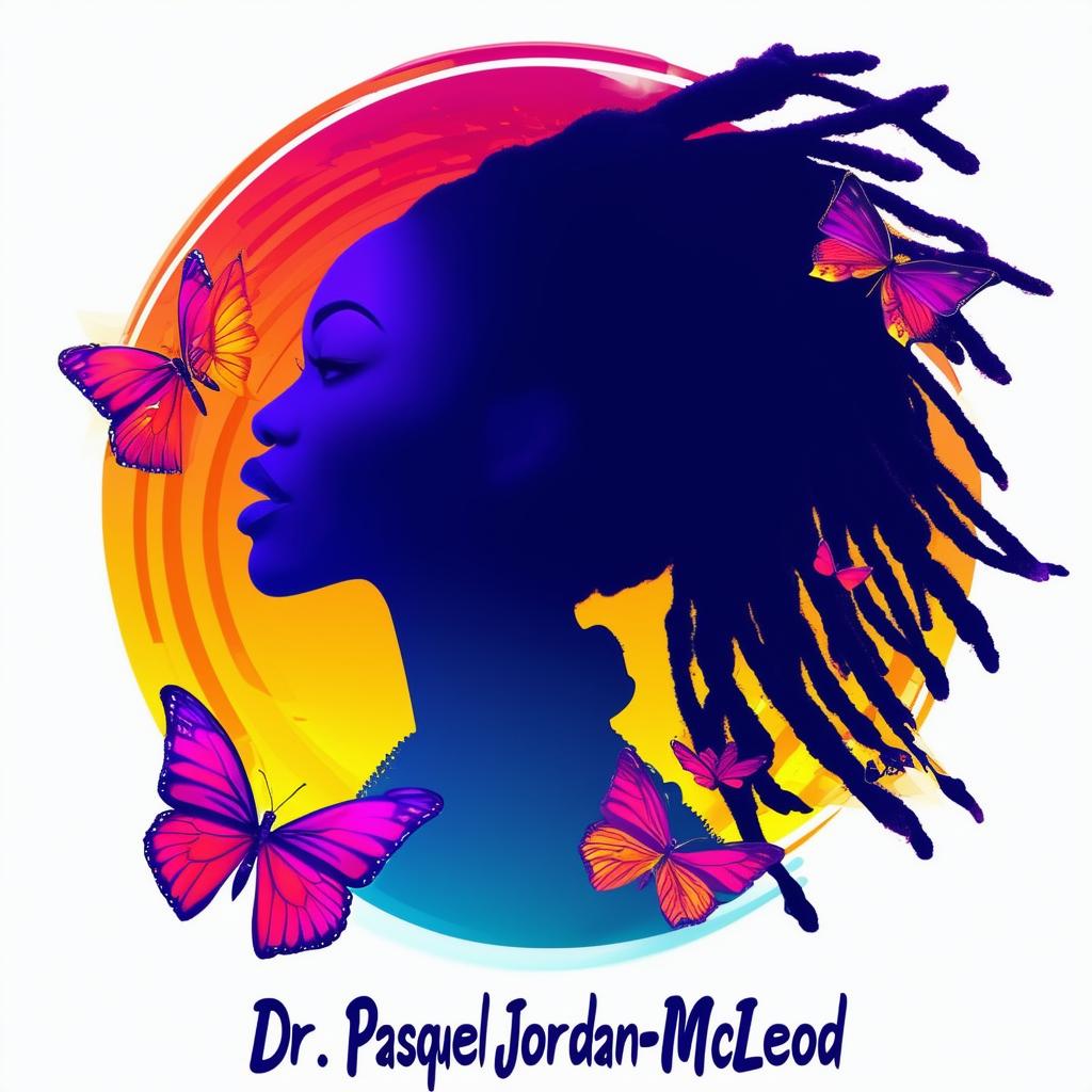 A vibrant logo for a book featuring a silhouette of a woman with dreadlocks and butterflies around her, with the name Dr