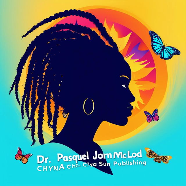 A vibrant logo for a book featuring a silhouette of a woman with dreadlocks and butterflies around her, with the names Dr