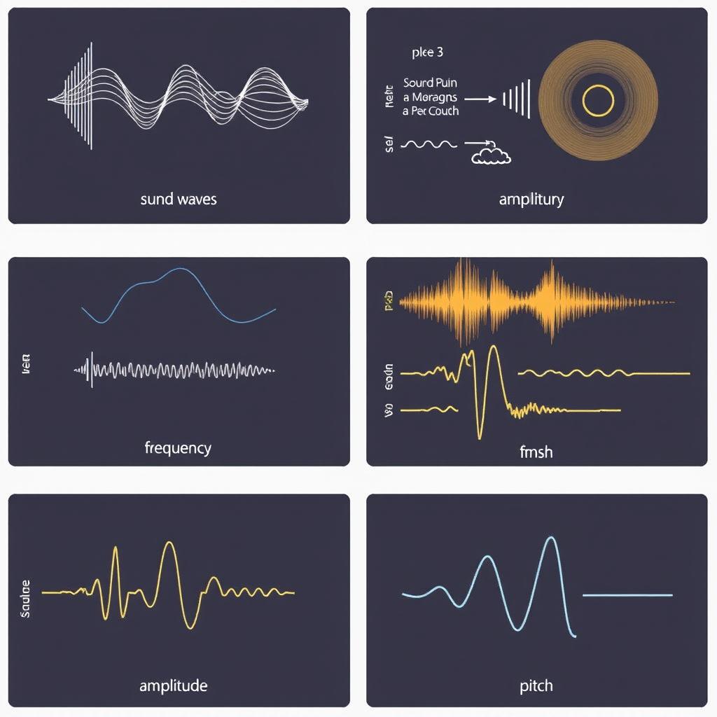 A series of images illustrating various physical features of sound, including sound waves, frequency, amplitude, and pitch