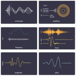 A series of images illustrating various physical features of sound, including sound waves, frequency, amplitude, and pitch