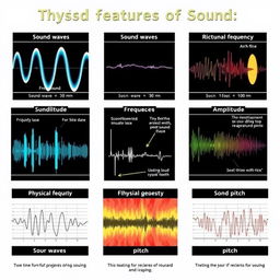 A series of images illustrating various physical features of sound, including sound waves, frequency, amplitude, and pitch