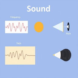 A series of images illustrating various physical features of sound, including sound waves, frequency, amplitude, and pitch