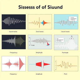 A series of images illustrating various physical features of sound, including sound waves, frequency, amplitude, and pitch