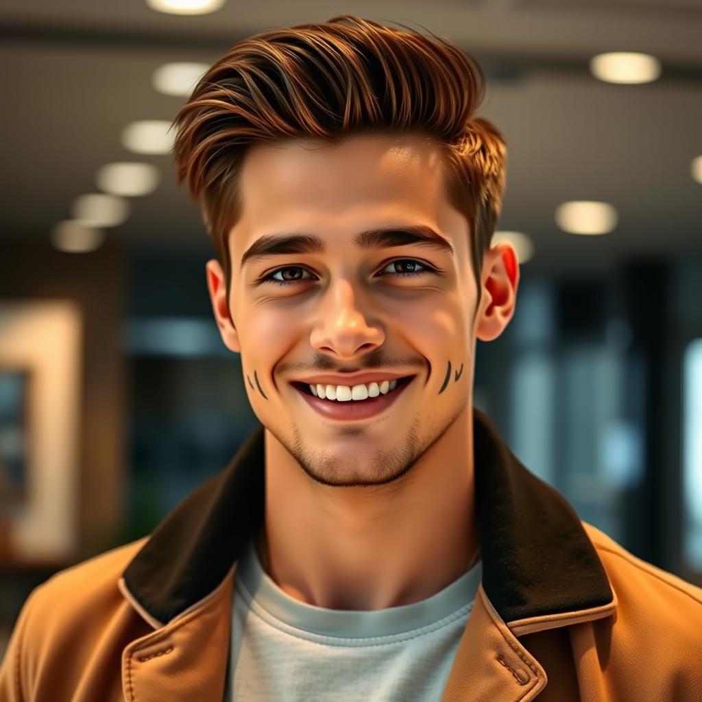 Create an image of a handsome young man with a charming smile and stylish clothes