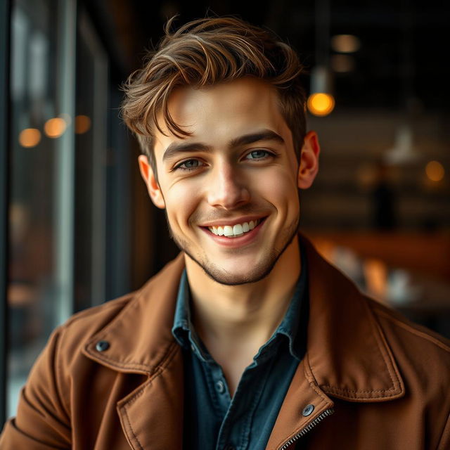 Create an image of a handsome young man with a charming smile and stylish clothes