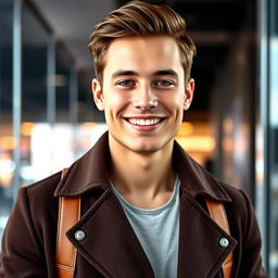 Create an image of a handsome young man with a charming smile and stylish clothes