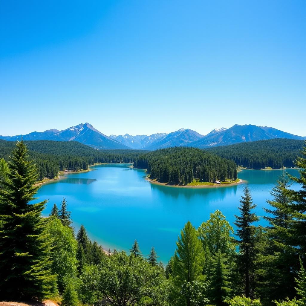 Create a beautiful and serene landscape featuring a tranquil lake surrounded by lush green trees and mountains in the background under a clear blue sky